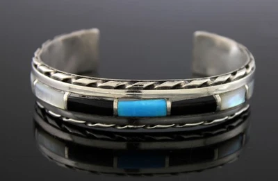 Old Pawn Navajo Native American Sterling Silver Inlaid Multi Stone Cuff Bracelet - Image 1 of 4