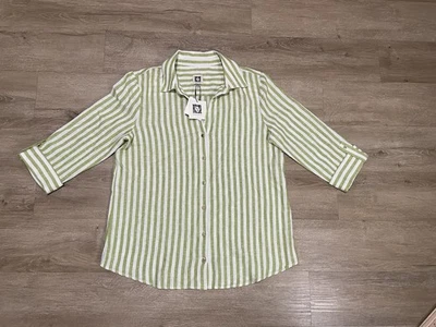 全新带标签 Anne Klein 亚麻混纺纽扣衬衫 M 码绿色白色条纹卷袖 — 第 1/4 张图片