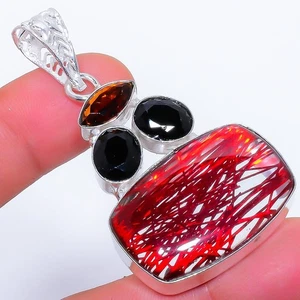 Rojo Rutilo Cuarzo, Onix Piedra Preciosa 925 Plata de Ley Joyería Colgante 5.3cm - Imagen 1 de 5