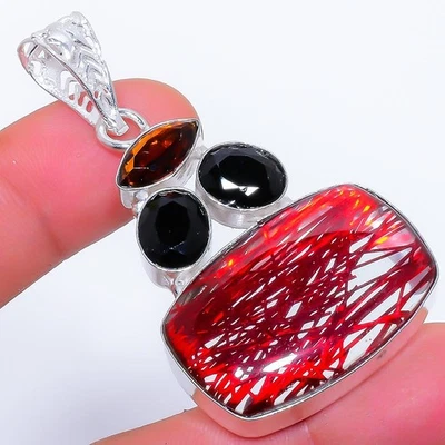 Rojo Rutilo Cuarzo, Onix Piedra Preciosa 925 Plata de Ley Joyería Colgante 5.3cm - Imagen 1 de 4