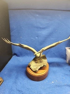 Vintage Bronze Pelican Sculpture On a Wave w/ Wooden Base - Picture 1 of 8
