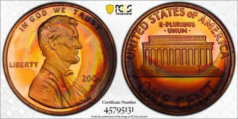 PR66RB 2004-S 1C Lincoln Memorial Proof Cent, PCGS- Pretty Rainbow Toned Cover