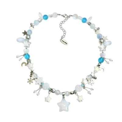 ожерелье из бисера голубая звезда стеклянные бусины ручной работы опал камень нержавеющая сталь зима - Изображение 1 из 4