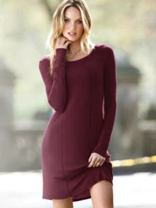 Victoria's Secret Soft Stretchy Burgundy Trapeze Dress Sz S Ribbed Long Sleeve - Picture 1 of 4