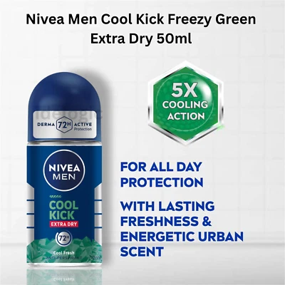 Nivea Men Cool Kick Freezy Green Extra Dry Roll-On Deodorant 50ml x 2 pcs - Image 1 of 4