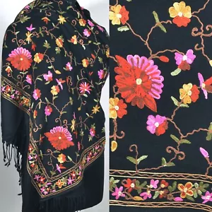 Bellissima sciarpa ricamata floreale nera 100% cashmere pashmina kashmir fatta a mano - Foto 1 di 9