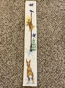 Vintage Completed Cross Stitch Bell Pull Winter Rabbit Birds Straw Pole - Picture 1 of 6
