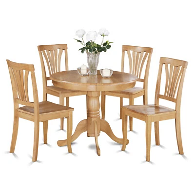 5pc East West dinette set, 36" round pedestal kitchen table + 4 chairs light oak - Image 1 of 4