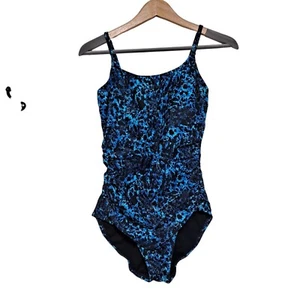 Speedo Swimsuit Woman 8 Blue Abstract One Piece Ruched Slimming Beach Pool Swim - Picture 1 of 8