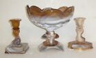 Akro Agate 1950'S Imperial Glass Caramel Slag Dolphin Candlestick Holders & Bowl