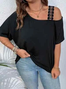 Asymmetric Shoulder With Lace Strap Black Top Women's Plus Size 4XL (20) - Picture 1 of 4