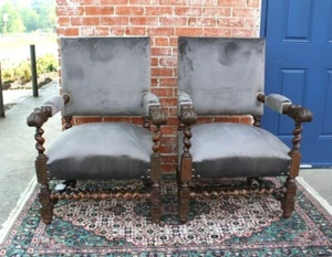 Pair French Antique Oak Louis XIII Armchairs c.1880 Barley Twist Set of 2 - Picture 1 of 10
