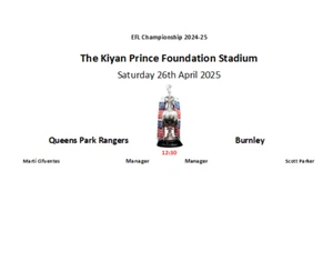 Queens Park Rangers v Burnley 26-04-25 Championship Unofficial Team Sheet - Picture 1 of 1