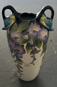 J McCall Blue Sky Icing On The Cake - Wisteria & Birds Vase Handcrafted 2005 - Picture 1 of 12