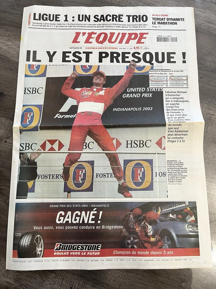 L'Equipe Journal 29/09/2003; GP USA; Michael Schumacher presque champion du mond - Photo 1/1