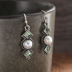 Vintage 925 Silver Filled Pearl Green Cubic Zirconia Women Drop Earrings Jewelry