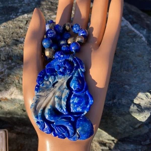 Chinese Carved Lapis Melon Fruit & Flowers & 900 Silver Bead Necklace - Picture 1 of 17