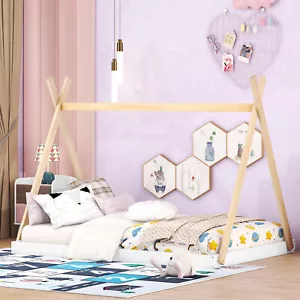 Full Size Floor Bed Solid Wood House Bed Kid Tent Bed w/Triangle Structure White - Picture 1 of 8
