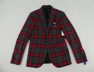J Ferrar Sport Coat Mens Small 34/36 Short Super Slim Red Gray Tartan Plaid - Image 1 of 4