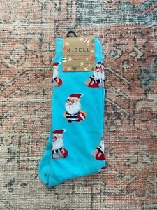 K. BELL  1 Pairs Holiday Beach Vacation Santa Clause Crew Socks Men's 6 -12 - Picture 1 of 2