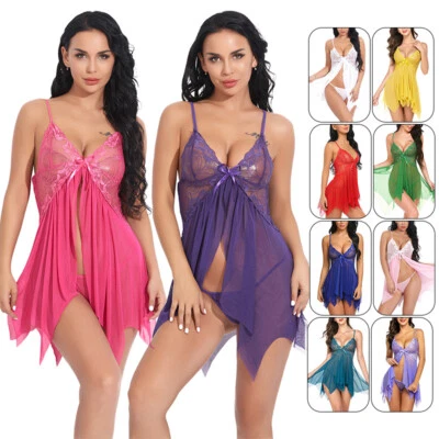 Women Sexy Lingerie Lace Sleepwear Pajamas+G-String Dress Babydoll Nightwear Set - Image 1 of 4