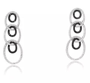 3.33ct Diamante Redondo Natural 14k Oro Blanco Negro Onix Boda Pendientes Largos - Imagen 1 de 4