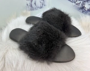 Zapatillas para mujer gris oscuro de piel de conejo genuina, hechas a mano por LITVIN - Imagen 1 de 9