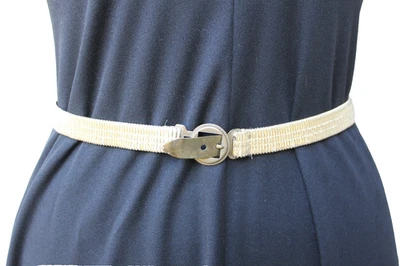 Vintage 70s Disco Belt Gold Lame Thin Slinky Stretch Enamel Buckle Sz 27-33” - Image 1 of 2