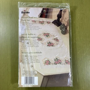 Vintage Bucilla 3pc Indian Rose Stamped Cross Stitch Set Dresser Scarf & Doilies - Picture 1 of 4