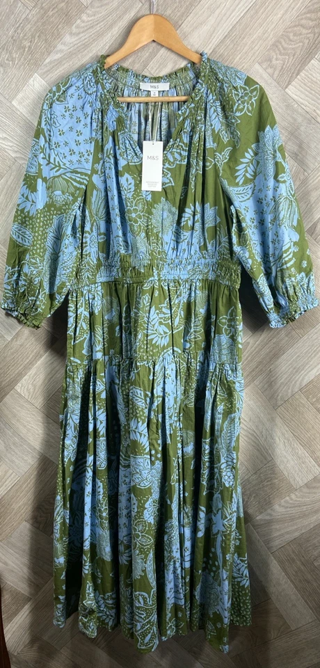 M&S Green/Blue Mix Floral Maxi Boho Dress Half Sleeve Pull On Size 18 New - Image 1 of 4