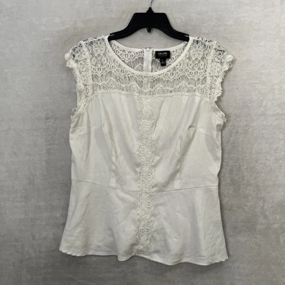 Nicole Miller Woman Blouse Top White Geometric Large Polyester Lace Short Sleeve - Image 1 of 4