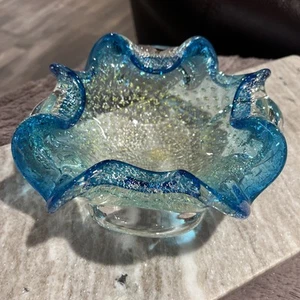 Italian Flower Glass Ashtray Trinket Dish Aqua Blue Silver Gold Flecks Ruffles - Picture 1 of 18