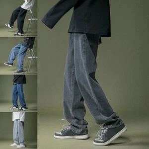 Men's Baggy Jeans Korean Style Wideleg Pants Elastic Waist Light blue Grey - Picture 1 of 7