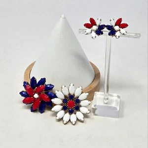 VINTAGE BROSCHE OHRCLIPS ROT WEISS & BLAU AMERICANA MODESCHMUCK DAMEN - Bild 1 von 15