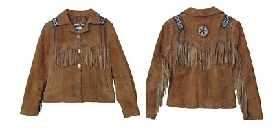 Женская винтажная коричневая замшевая куртка с бахромой — западная вышивка и детали кончо - Изображение 1 из 4