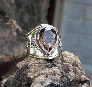 Natural Pear Cut Smoky Quartz 925 Sterling Silver Handmade Designer Gift Ring - Picture 1 of 6