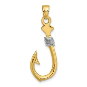14k 14kt Yellow & Rhodium RH 3-D Fish Hook with Rope Charm PENDANT 33.05 mm - Picture 1 of 4
