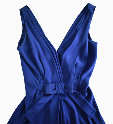 Abito da cocktail party nuovo MOSCHINO blu scollo a V dettaglio fiocco I 46 US 10 12 GB 14