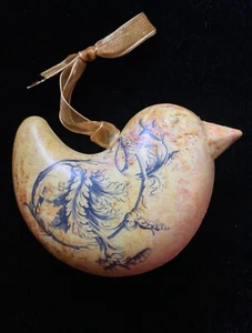 Lg Tin 4” PUFFED METAL BIRD ORNAMENT Yellow/Blue French Toile Tole Rustic Shabby - Picture 1 of 6