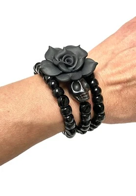 Pulsera Calavera Halloween Día de Muertos Joyería Rosa Negra Envoltura B21 Foto 1 de 3