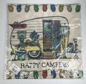 Happy Camper Kissenbezug für Überwurfkissen mit Eulen ab weiß Hintergrund Neu - Bild 1 von 9