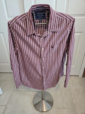 American Eagle The Eagle Oxford Vintage Fit Maroon Striped Button Up Shirt Med - Image 1 of 4