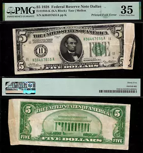 1928 5 $ FRN Dallas PMG 35 Rare Error - Printed Fold Error - Gold on Demand - Bild 1 von 3