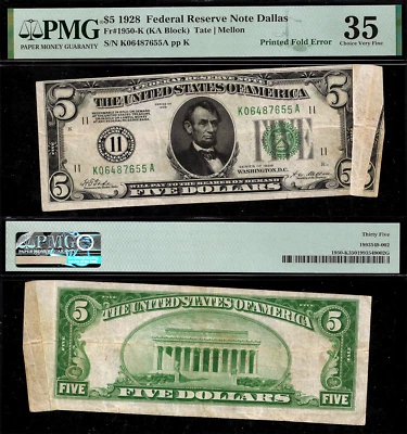 1928 $5 FRN Dallas PMG 35 Rare Error - Printed Fold Error - Gold on Demand - Image 1 of 3