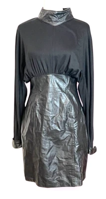 Vintage Phoenix USA Leather Dress Size 9/10 Long Sleeve Panel Bodice Rare Black - Image 1 of 4