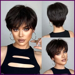 Pixie Cut Perücken für Frauen Natur Synthetik Kurz Schwarz Lagenlook Haar Perücke - Bild 1 von 23