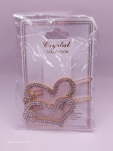 Crystal Collection Rhinestones Barrettes Hearts Gold Tone 2" - Picture 1 of 4