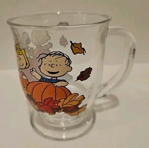 Peanuts Clear Glass Mug Snoopy Linus Charlie Sally Pumpkin Patch Fall Halloween - Picture 1 of 5