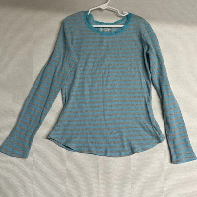 Girls Gray And Blue Striped Long Sleeve Shirt With Lace Collar, XL 14/16 - Image 1 of 2