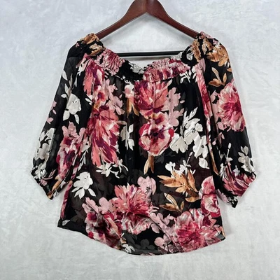 Blusa para mujer White House Black Market XS negra mezcla de seda floral fuera del hombro Foto 1 de 4